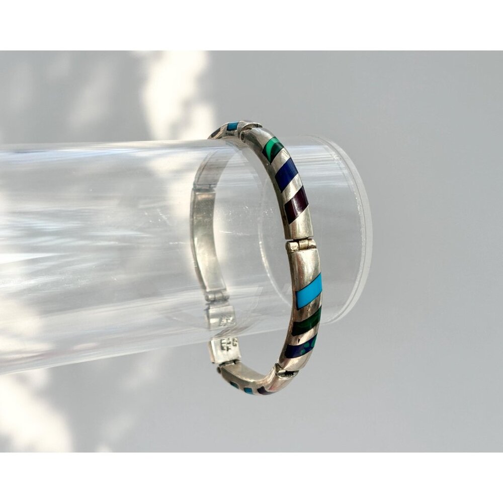 Taxco Turquoise Lapis Onyx, Malachite Vintage Hinged Mexican Sterling Bracelet - Picture 7 of 7